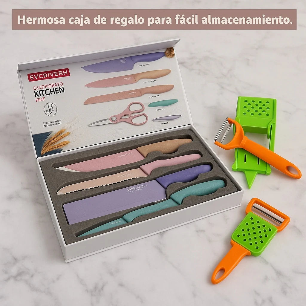 Pelador multifuncional 2 en 1 + Juego De 6 Cuchillos De Cocina Profesionales